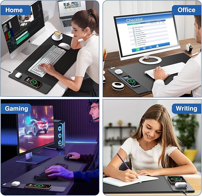 Magnetic Wireless Charging Mouse Pad, 31.5"x15.8" Large Gaming Desk Mat for Keyboard/Laptop, Non-Slip Base & 20W PD Adapter, Waterproof Ultra-Smooth Surface Mousepad for Gamer, Office & Home, Black