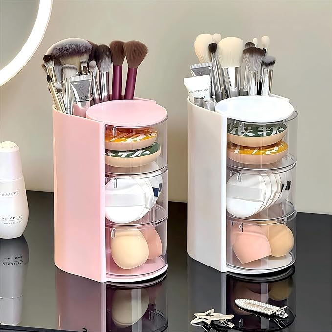 Hair Accessories Organizer with Hair Brush Holder, Rotatable Makeup Brush Holder for Necklaces, Earring, Bracelet, Ring, Makeup Brushes, Hair Clip and Hair Accessories (Pink, 3-Layer)