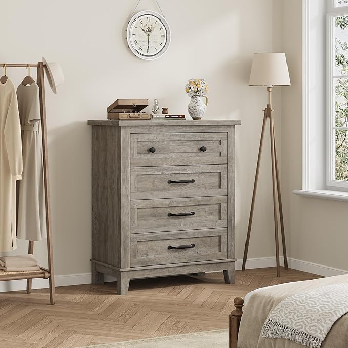 GarveeHome 4 Dresser for Bedroom, 34.8 in Tall Vertical Drawer Dresser with Large Storage, Freestanding Wooden Closet Chest for Bedroom, Living Room, Grey