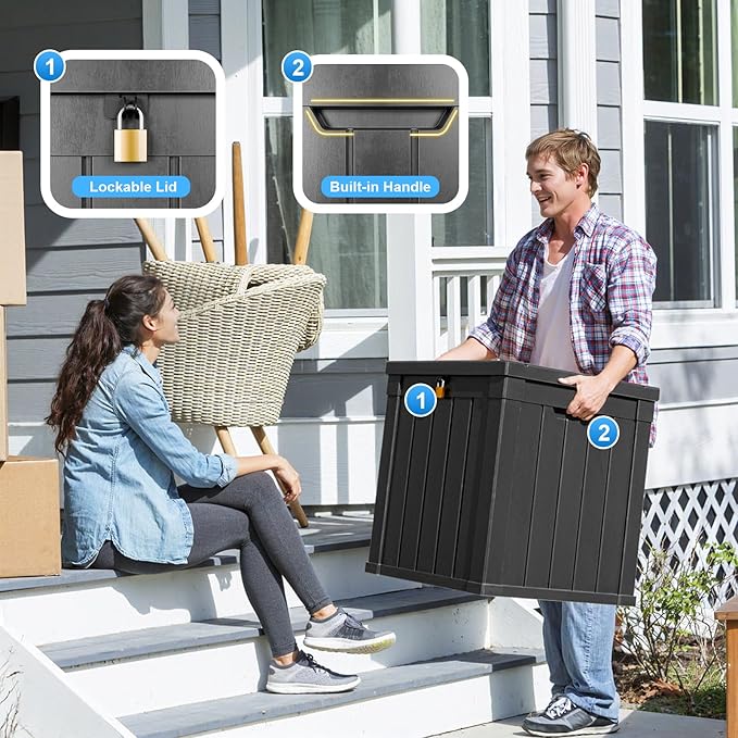 51 Gallon Outdoor Deck Box,Storage Lockable Waterproof Patio Furniture,Garden Tools,Cushions,Pool Accessories Outside Storage Resin Box(Black)