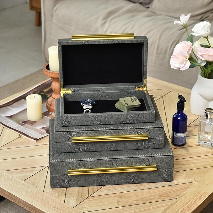 Faux Shagreen Leather Jewelry Storage Boxes Set of 3 with Gold Handles, Velvet Lined Stackable Organizer for Women, Vanity, Dresser, Gift, Grey