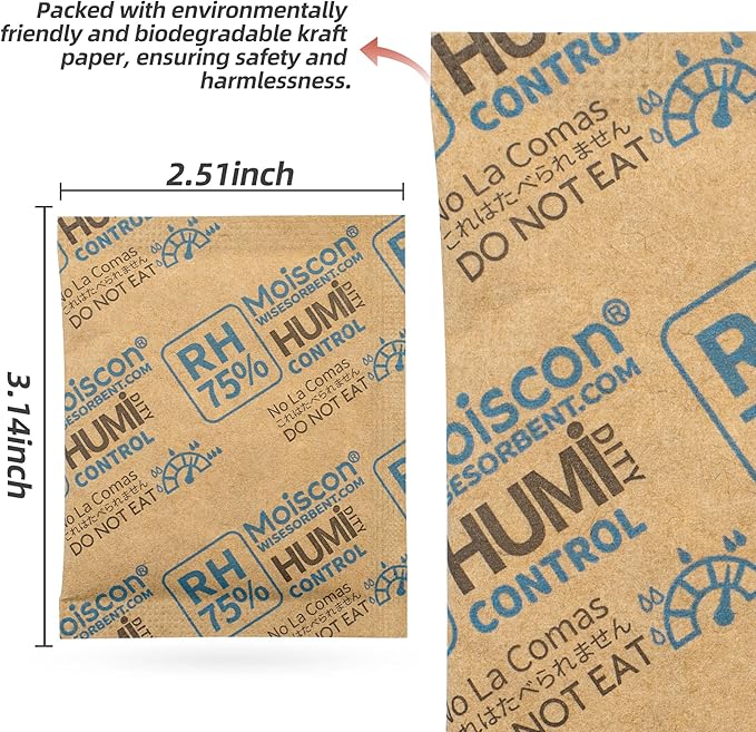 30 Pack 75% RH Size 8 Two-Way Humidity Control Packs for Storing Up to 5 Items, 8 Gram Moisture Control Packets Individually Wrapped for Small Non-Plastic Travel Cases