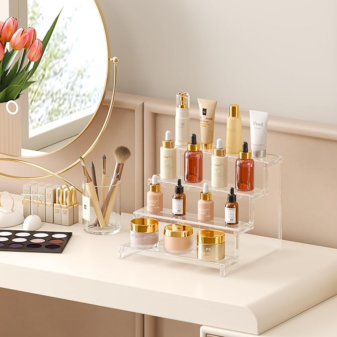 Lifewit 4 Tier Perfume Stand Organizer for Women, Plastic Display Riser, Tool-Free Assembly, Fragrance Makeup Cosmetics Shelf for Vanity Bedroom Bathroom Storage Organization, Clear, 9 Inch, 1 Pcs