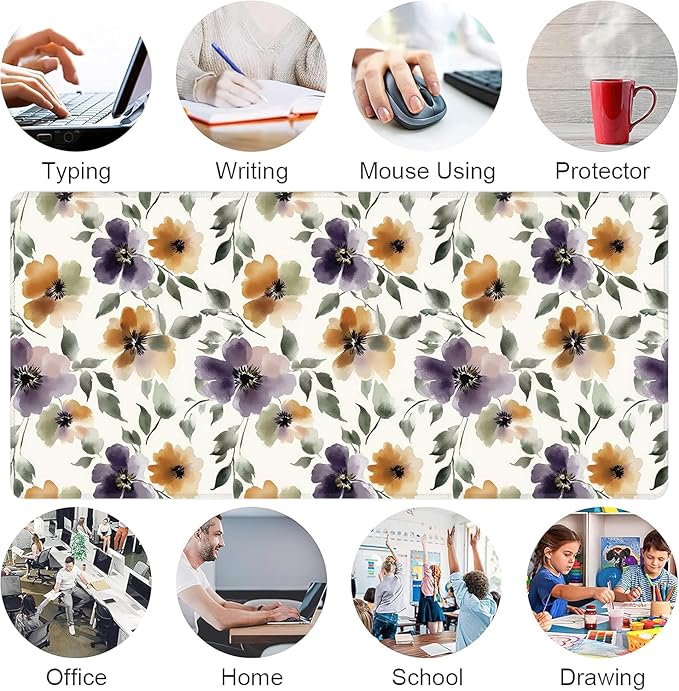 Watercolor Floral Large Mouse Pad,Gaming Keyboard Desk Pad,Extended Mouse Mat Non-Slip Rubber Base with Stitched Edges for Office Game Home XXL 35.4"x15.7"