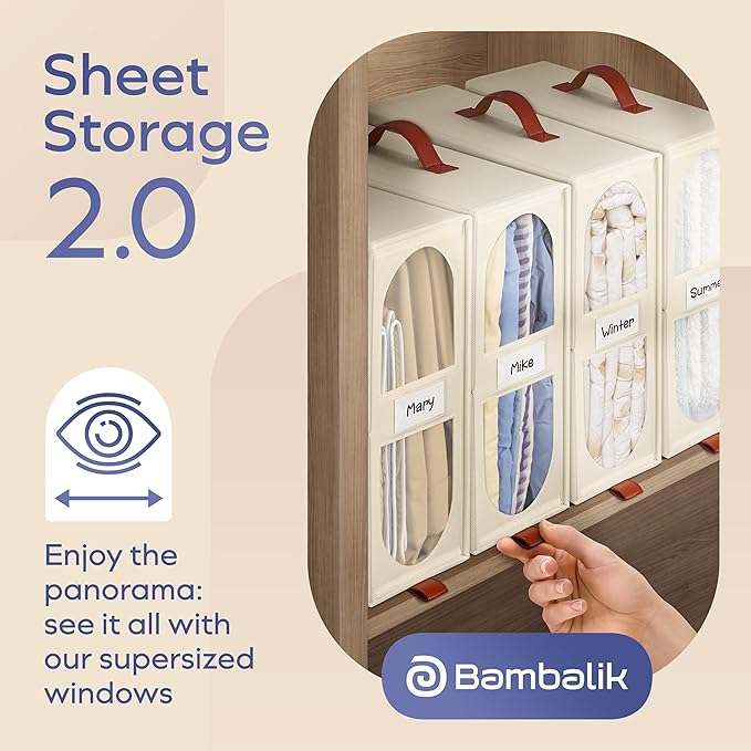 4x Bed Sheet Organizer Storage Boxes with Big See-Through Windows - Bedsheet Organizers Redesigned. Robust Bed Sheet Storage -15x13x5 in. Sheet Organizers Containers (Off-White)