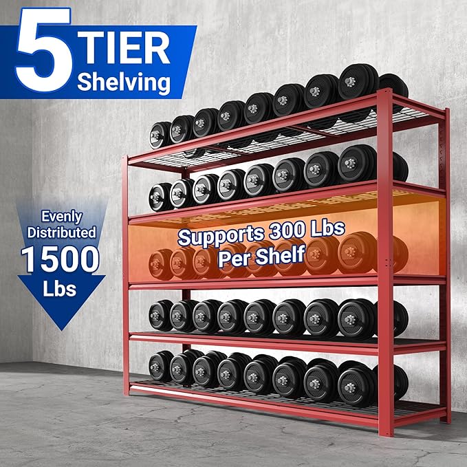 FLEXIMOUNTS 2 Pack 60" W Garage Shelving, 5 Tier Storage Shelves Load 1500LBS, Adjustable Garage Shelving Heavy Duty, Metal Shelves Unit for Basement, Warehouse, 60" W x 72" H x 24" D, Red