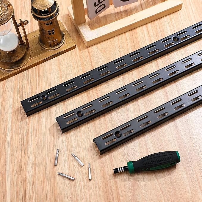 6 Pcs Dual Track Upright Wall Shelving System Heavy Duty Support System Twin Slot Shelf Rail Shelf Standards for Pantries Linen Closets Laundry Rooms(Black,47.5 Inch)