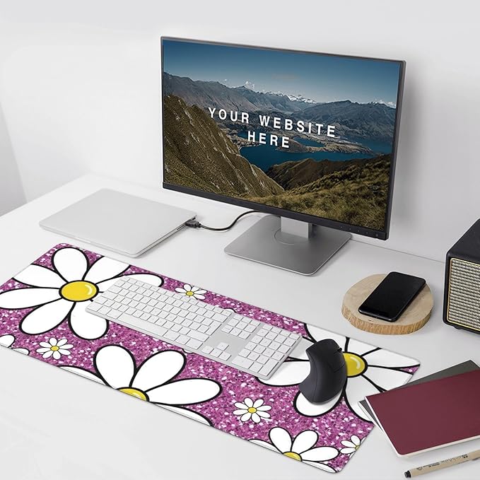 Purple Sparkling Daisy Large Mouse Pad, Flowers Gaming Desk Mat, XXL Keyboard Desk Pad Mat for Desktop, 35.4"x15.7" Non-Slip Base Big Mousepad with Stitched Edges