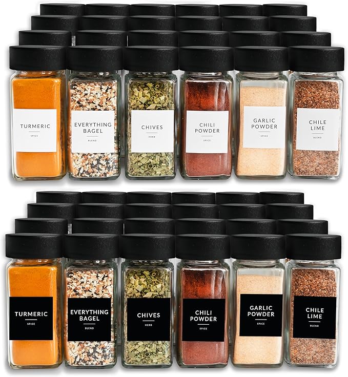 SAVVY & SORTED Glass Spice Jars with Label 24 PK - 4 Oz Spice Containers with 374 Minimalist Labels Stickers, Pepper Grinder Funnel Shaker Lids, Empty Square Seasoning Rack Organizer