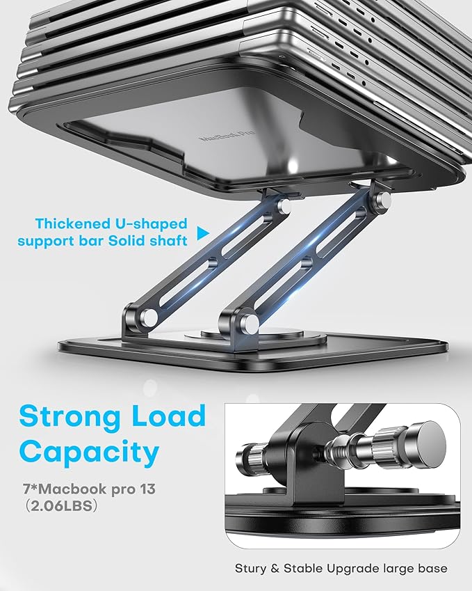 Adjustable Laptop Stand, Computer Stand with 360 Rotating Base, Ergonomic Laptop Riser Mount for Desk Foldable Protable Computer Desk Fits with MacBook Pro Air (10-16") - Black