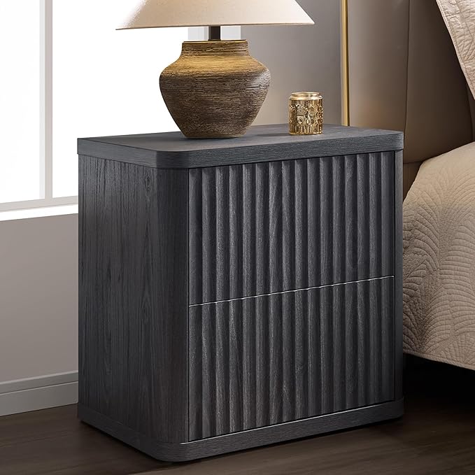 SICOTAS Night Stand Nightstand with 2 Drawers Storage Bedside Table Large Fluted Bed Side End Table Modern 24.4" Tall Wide Night Stands for Bedroom Living Room Sofa Couch Home Office, Dark Grey Alder