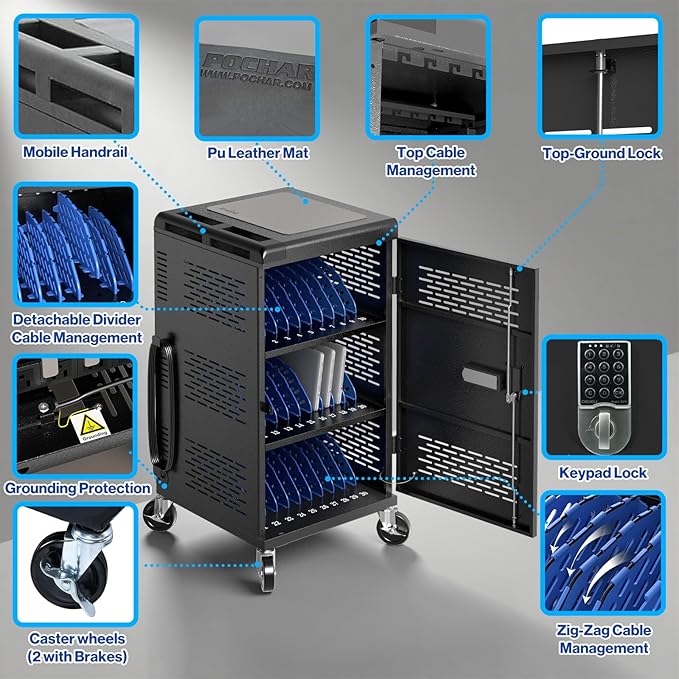 8 Pack | Fully Assembled 30 Bay Multi Device Charging Station for Chromebook,iPad,14'' Laptop,Pre Built Computer Charging Cart with Charger Cable Management,Circuit Breaker,Grounding Protection(Black)