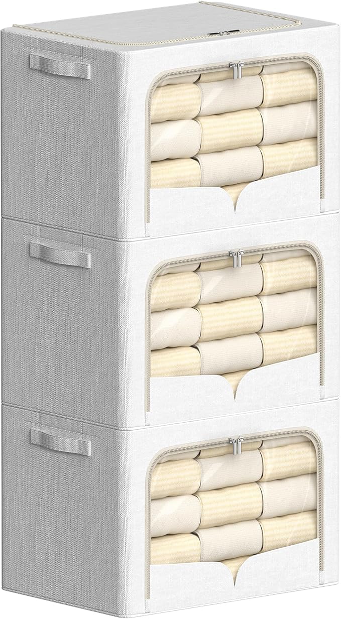 FHSQX 3 Pack Clothes Storage Bins Foldable Metal Frame Storage Box Stackable Linen Fabric Container Organizer Set with Carrying Handles and Clear Window (Cream White, 23.6x16.5x15.7inch(100L))
