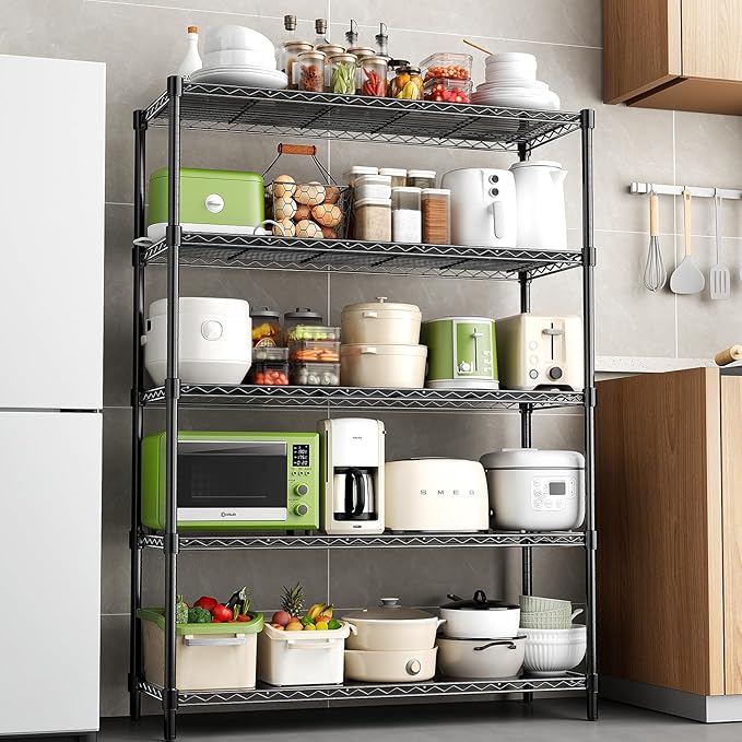 48" W Storage Shelves 5-Tier Wire Shelving, 1875LBS Adjustable Metal Shelving with 5 Shelf Liners, Heavy Duty Steel Wire Rack for Garage Commercial Pantry Kitchen, 48" W x 18" D x 72" H, Black