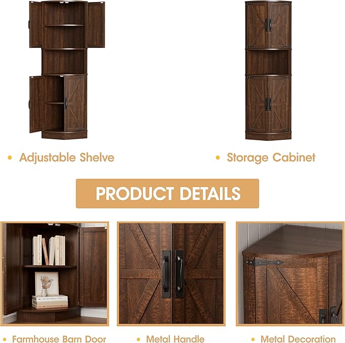 Vabches 64.8" Tall Farmhouse Corner Cabinet with 4 Doors and 5 Storage Shelves, Farmhouse Storage Cabinet with Barn Door Design, Home Space Saver for Living Room, Kitchen, Laundry Room,Brown