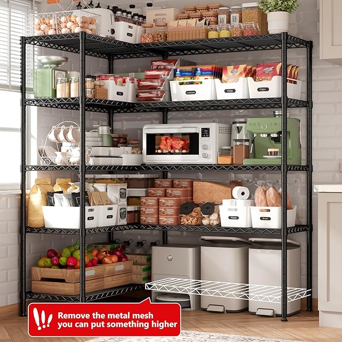 72.4''H Storage Shelves Metal Shelving Unit Load 1500LBS,5 Tier Wire Shelving Pantry Shelves Kitchen Shelves Adjustable Wire Shelf for Commercial Garage Shelving Heavy Duty, 61.7" W*72.4" H*15.8" D