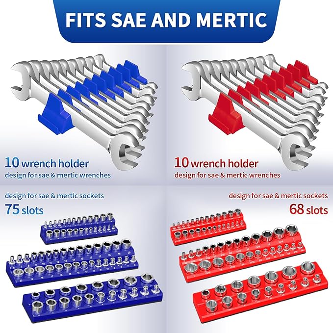8PS Magnetic Wrench and Socket Organizer Set, Tool Trays 1/4", 3/8", 1/2" Tool Box Organizer, Metric Holder(Socket, Wrench not Included)