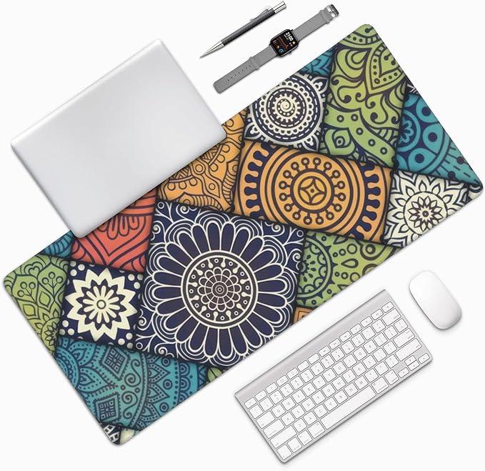 Bohemian Mandala Tile Large Mouse Pad, Vintage Aesthetic Gaming Desk Mat, XXL Keyboard Desk Pad Mat for Desktop, 35.4"x15.7" Non-Slip Base Big Mousepad with Stitched Edges