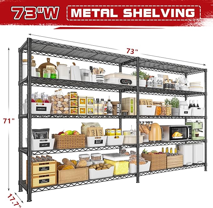 REIBII 73''W Storage Shelves Load 1650 LBS Metal Shelving 5-Tier Wire Shelving Unit, Adjustable Heavy Duty Metal Shelves Wire Shelf for Pantry Kitchen Industrial Garage, 17.7" D x 73" W x 71" H