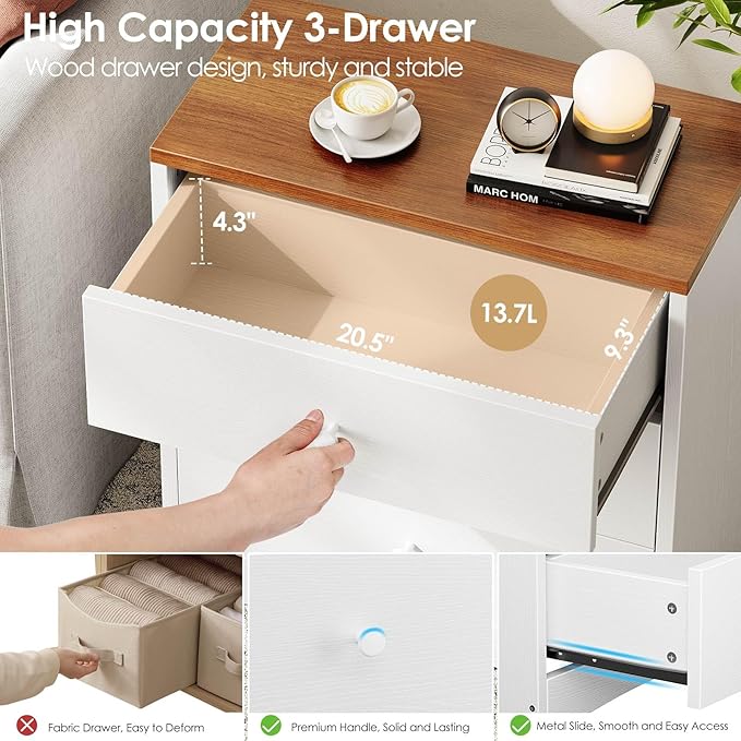 Nightstand,Farmhouse Wood Night Stand with 3 Storage Drawers,Wooden Small Dresser Chest of Drawers Bedside Tables for Bedroom Small Spaces,White+Walnut