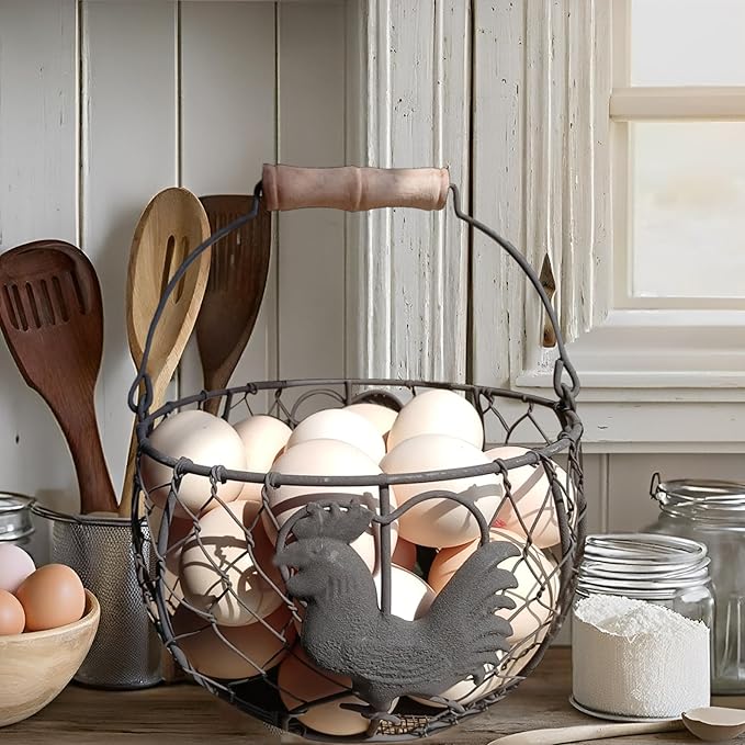 LINCOUNTRY. Chicken Wire Egg Basket for Gathering Fresh Eggs with Handle Storage Container Holder, Vintage Rustic Farmhouse Rooste Decor Round Metal Egg Collecting Basket Kitchen Countertop