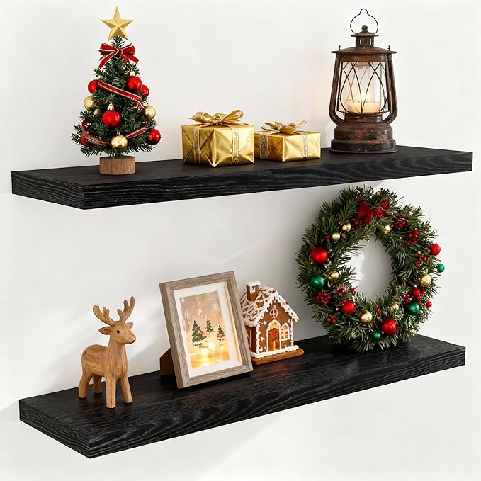 Fun Memories 40 Inch Floating Shelves Black, 40" W x 9.3" D Floating Shelf Set of 2, Farmhouse Wood Wall Shelves for Bedroom, Kitchen, Wall Mounted Deep Shelving for Home Decor
