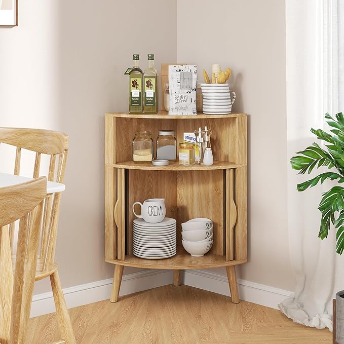 Bathroom Corner Storage Cabinet, 31.5''H Small Floor Corner Cabinet with 2 Fluted Doors and Shelves, Freestanding Narrow Cabinets Organizer for Living Room, Kitchen (Wood Color, 31.5''H)