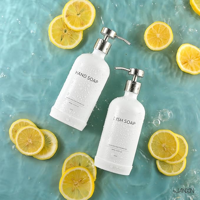 Glass Kitchen Soap Dispenser Set with Ceramic Tray,16.9 floz Hand and Dish Soap Dispenser for Kitchen and Bathroom Decor (White Bottles + Silver Pumps)