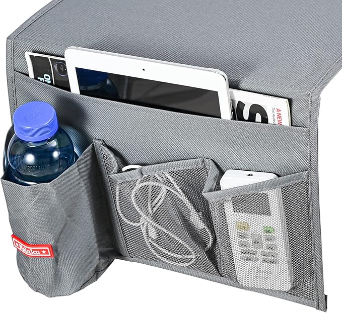 Bedside Caddy, 4 Pockets Bedside Organizer Caddy Under Mattress,Holds Water Bottles,Magazines,Books (Classic 4 Pockets-Grey)