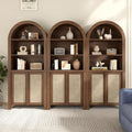 Yechen Arched Bookcase, 70.5" Tall Bookcase with Storage, Mid-Century Modern 5 Tier Bookshelves with Door, Boho Rattan Bookshelf for Living Room Kitchen Office Bedroom Library, Dark Walnut,3 PCS