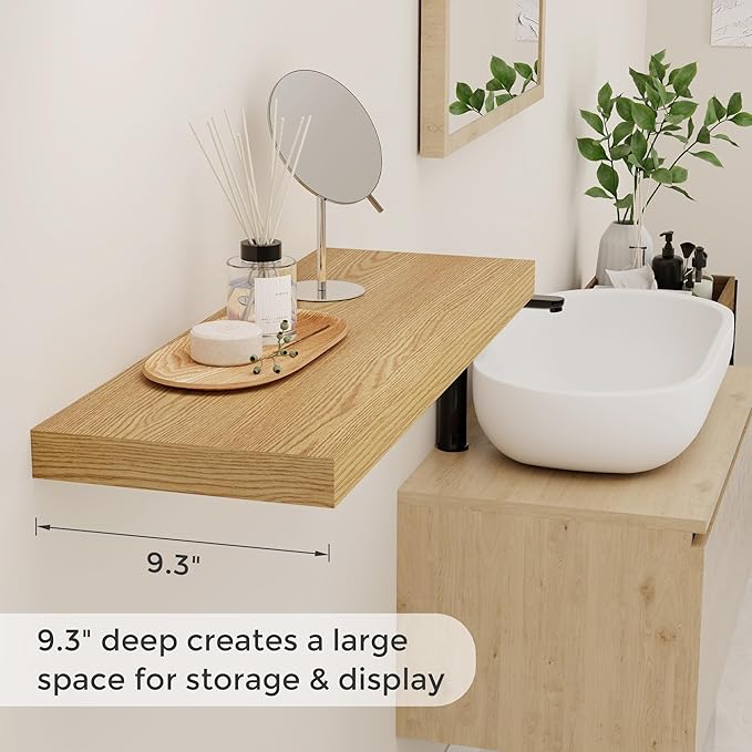 Fun Memories 32 Inch Floating Shelves for Wall Set of 2, Rustic Wood Wall Mounted Floating Shelf for Bathroom, Bedroom, Kitchen, 9.3 Inch Deep Shelves Invisible Brackets for Books|Storage|Decor, Oak