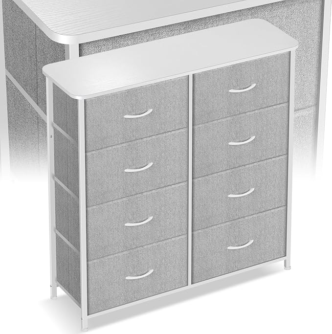 Curved Profile Dresser for Bedroom, Chest of Drawers, 8 Storage Drawers Organizer Unit, Brown Dresser with Fabric Bins for Closet, Living Room, Kid Room (White)