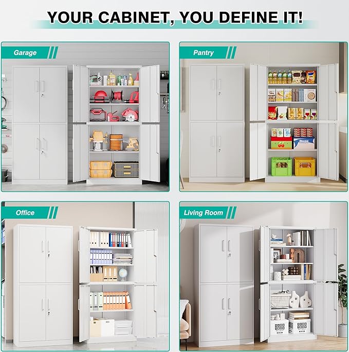 Metal Storage Cabinet with 3 Adjustable Shelves,White Storage Cabinet with Lock,71" Lockable Metal Cabinets with Locking Doors,Tall Steel Pantry Cabinets 4 Door for Home,Office,Garage,Bathroom,Kitchen