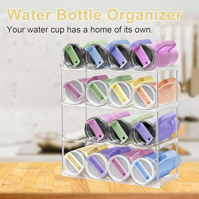 Water Bottle Organizer-Stackable Bottle Storage Rack, Water Bottle Holder for Cabinet Organization, Plastic Wine Racks/Drink Bottle Holder, 40oz Stanley Organizer for Kitchen Cabinets 4 Pack