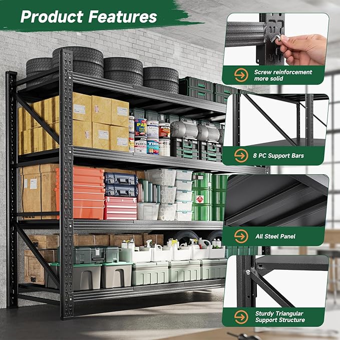 Letaya 71.3" W Metal Storage Shelves,5000LBS Heavy Duty Garage Shelving Units, 4 Tier Adjustable Utility Rack Shelf,Large Industrial Shelves,for Shop,Warehouse,Basement (71.3" W x 24" D x 70" H)