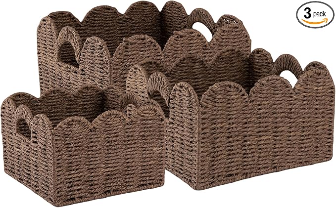 OIAHOMY Scalloped Wicker Baskets, Hand-woven Storage Baskets with Built-in Handles, Paper Rope Shelf Baskets for Organizing and Decoration, Set of 3-Brown