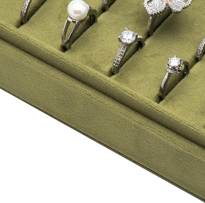 Velvet Ring Organizer Display Tray Jewelry Box Earring Holder Case for Wedding Birthday Christmas Day (Olive Green)