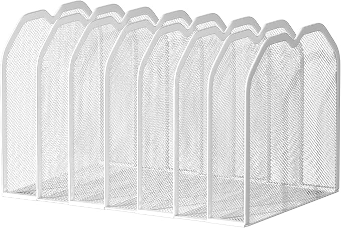 White 7-Section File Folder Organizer for Desk – Metal Vertical File Holder, Desktop File Organizer Vertical Stand, Letter/A4 Folder Rack, Upright File Sorter, Office Paper Organizer