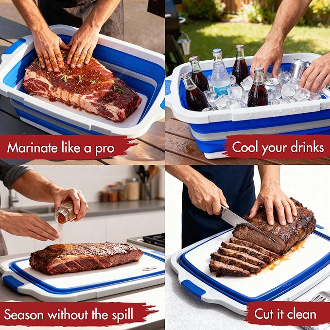 KITCHEN PERFECTION Collapsible XL Smoker & BBQ Prep Tub with Locking Lid & Cutting Board - Grill Caddy Container for Meat Marinating & Brine Perfect For Brisket, Turkey & Ribs - Best Gift For Men