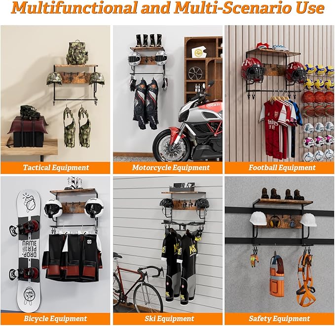 Motorcycle Helmet Holder Wall Mounted, Helmet Rack Wall Mount with Helmet Rack, 4 Glove Chips and 4 hooks, Rustic Helmets Holder and Motorcycle Helmets Racks for Most of Helmet and Clothes