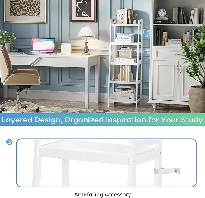 SMIBUY Bamboo Ladder Bookcase, Bathroom Storage Rack Organizer, 4 Tier and 5 Tier Freestanding Plant Display Stand Space Saver Shelves for Bedroom, Kitchen, Balcony (White, 5 Tiers (50" H))