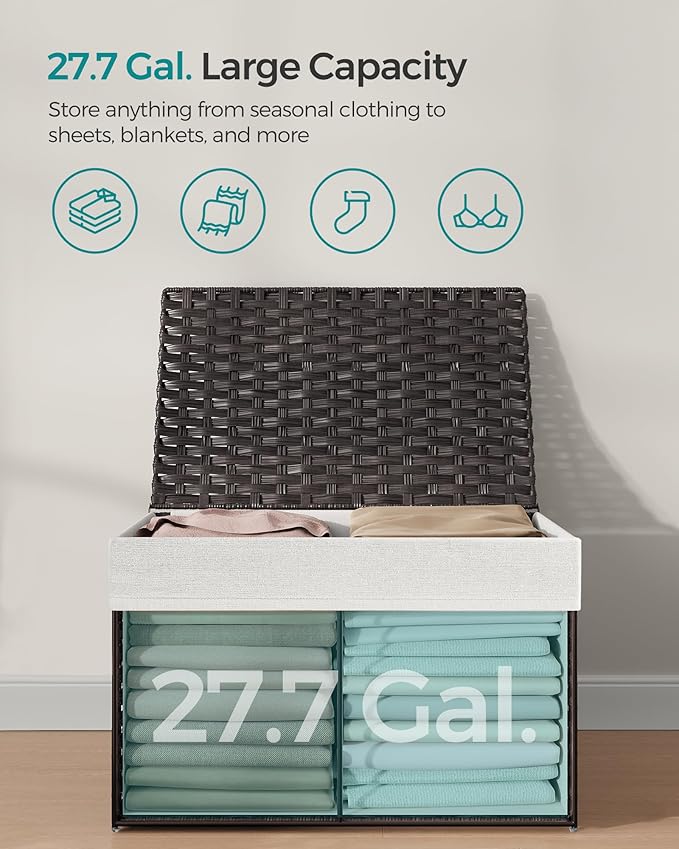 SONGMICS Storage Basket with Lid, Woven Blanket Storage Bin with Handles, Foldable, Removable Liner, Metal Frame, for Bedroom, Laundry Room, 27.7 Gallons (105 L), Brown URST066K01