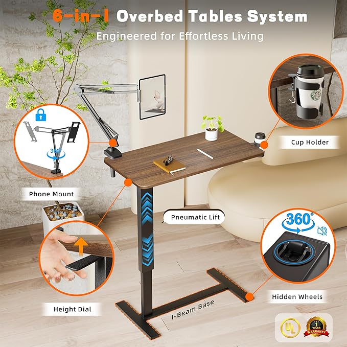 Overbed Bedside Table with Wheels, Adjustable Hospital Bedside Desk, Rolling Laptop Table, Mobile Standing Desk, Laptop with Cup Holder & Phone/Tablet