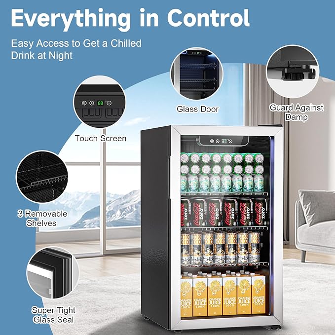105 Can Mini Fridge - 3.0 Cu.Ft Beverage Refrigerator with Reversible Glass Door for Soda Wine Beer, Adjustable Temperature Control for Home Office Bar, Black(37-61 ℉)