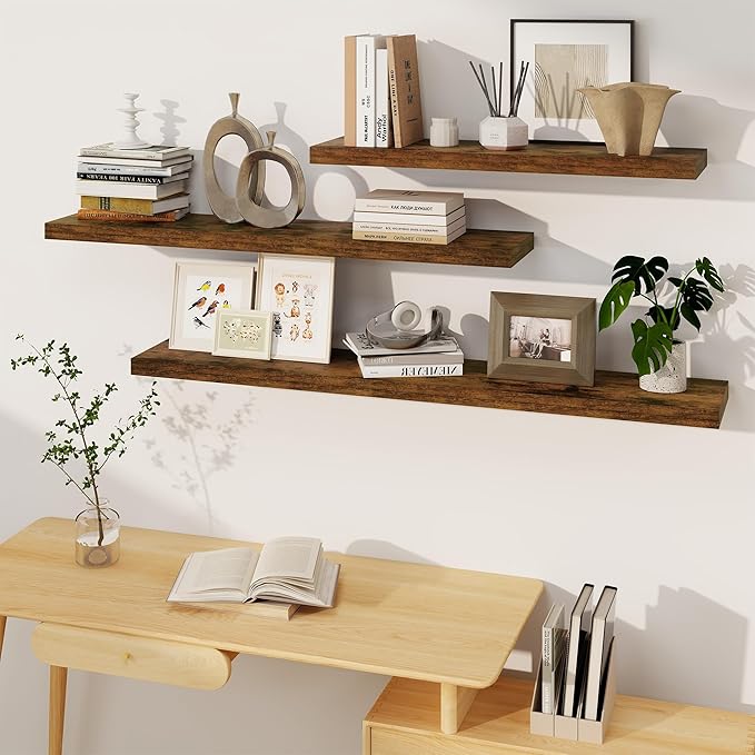 Fun Memories Floating Shelves 55 Inch Long, 8 Deep Floating Shelves for Wall, Large 55 x 8 Display Shelves for Living Room, Kitchen, Wood Deep Wall Shelves for Home Storage, Rustic Brown, 1 Pack
