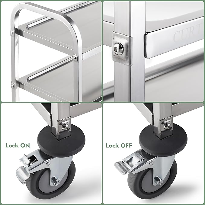 CURTA Stainless Steel Serving Trolley, 34" L x 18" W x 36" H 3 Tiered Shelf Kitchen Utility Cart, Rolling Casters Brake Wheel, Commercial Pro for Restaurant/Hotel/Lab/Clinic/Salon/Workshop