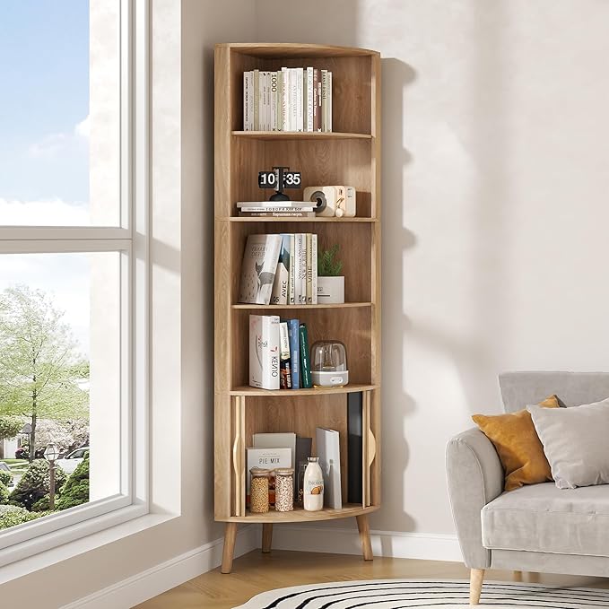 Corner Cabinet, 66.73'' Tall Modern Corner Bathroom Storage Cabinet with 2 Fluted Doors and Shelves, Home Space Saver for Kitchen, Living Room, Study Room (Wood Color, 66.73''H)