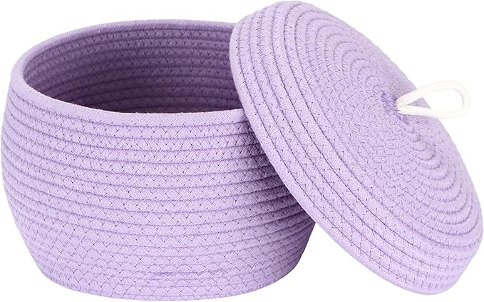 Sea Team Round Cotton Rope Storage Basket with Lid, Decorative Woven Storage Bin, Pot, Caddy, Organizer, Container for Snacks, Towels, Plants, 10 x 7.5 Inches (Small, Lavender)