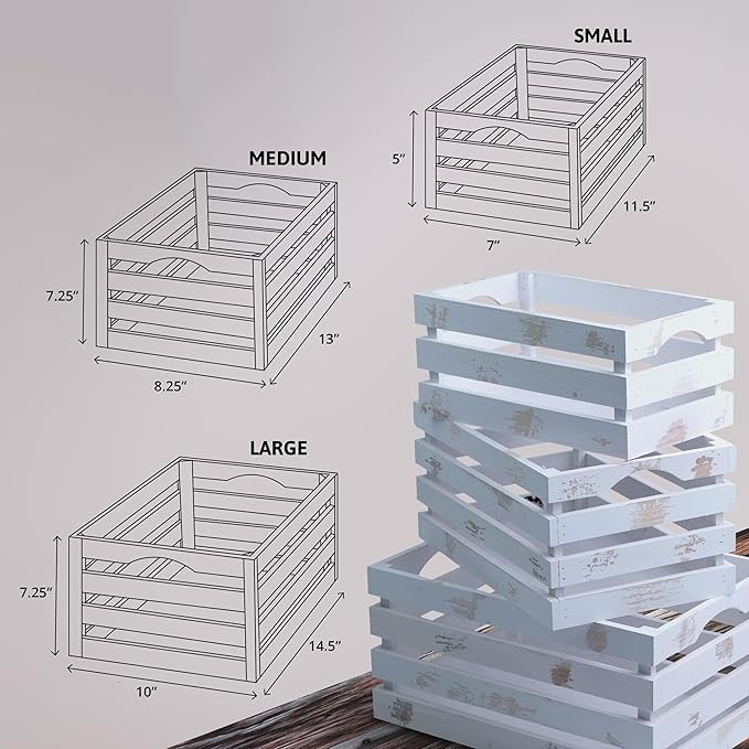 wald imports - Set of 3 White Washed Wooden Crates for Storage - Decorative Wooden Crate Set for Home Decoration & Display - Vintage Storage for Household Goods