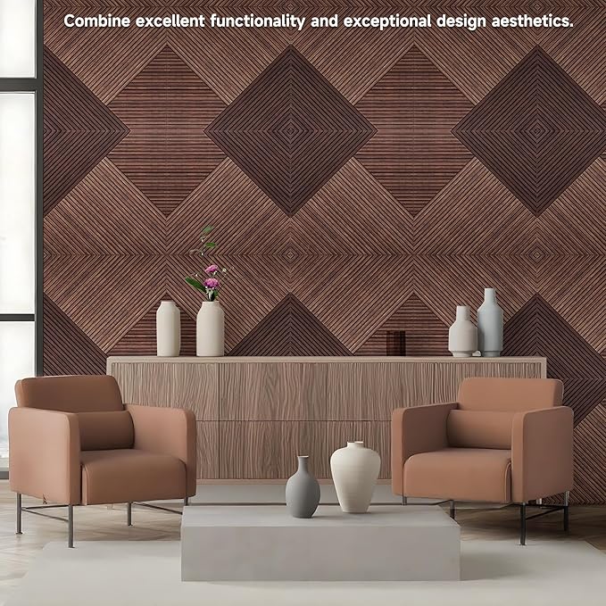 TO-TH Acoustic Panels for Wall and Ceiling - 6 Pack 2'x2'x0.4",Self-Adhesive 3D UV Printing Decorative Wall Panels with Wood Look,Red Sandalwood